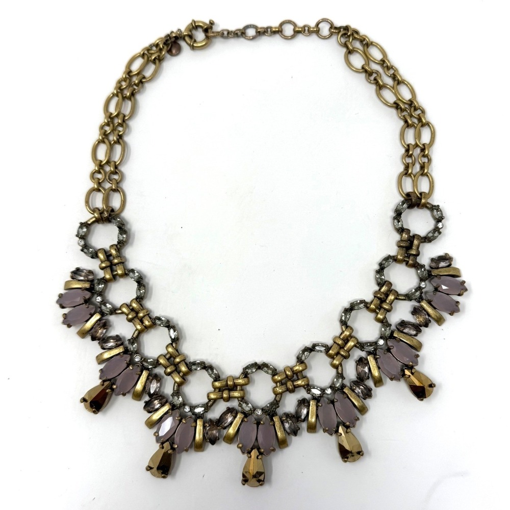 J.Crew Statement Necklace Antique Gold Tone Pink Smoky Crystal Bib